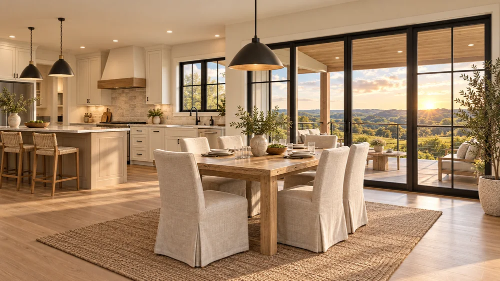 Concept interior with an oak dining table beside the kitchen and black-framed doors opening to a covered deck.