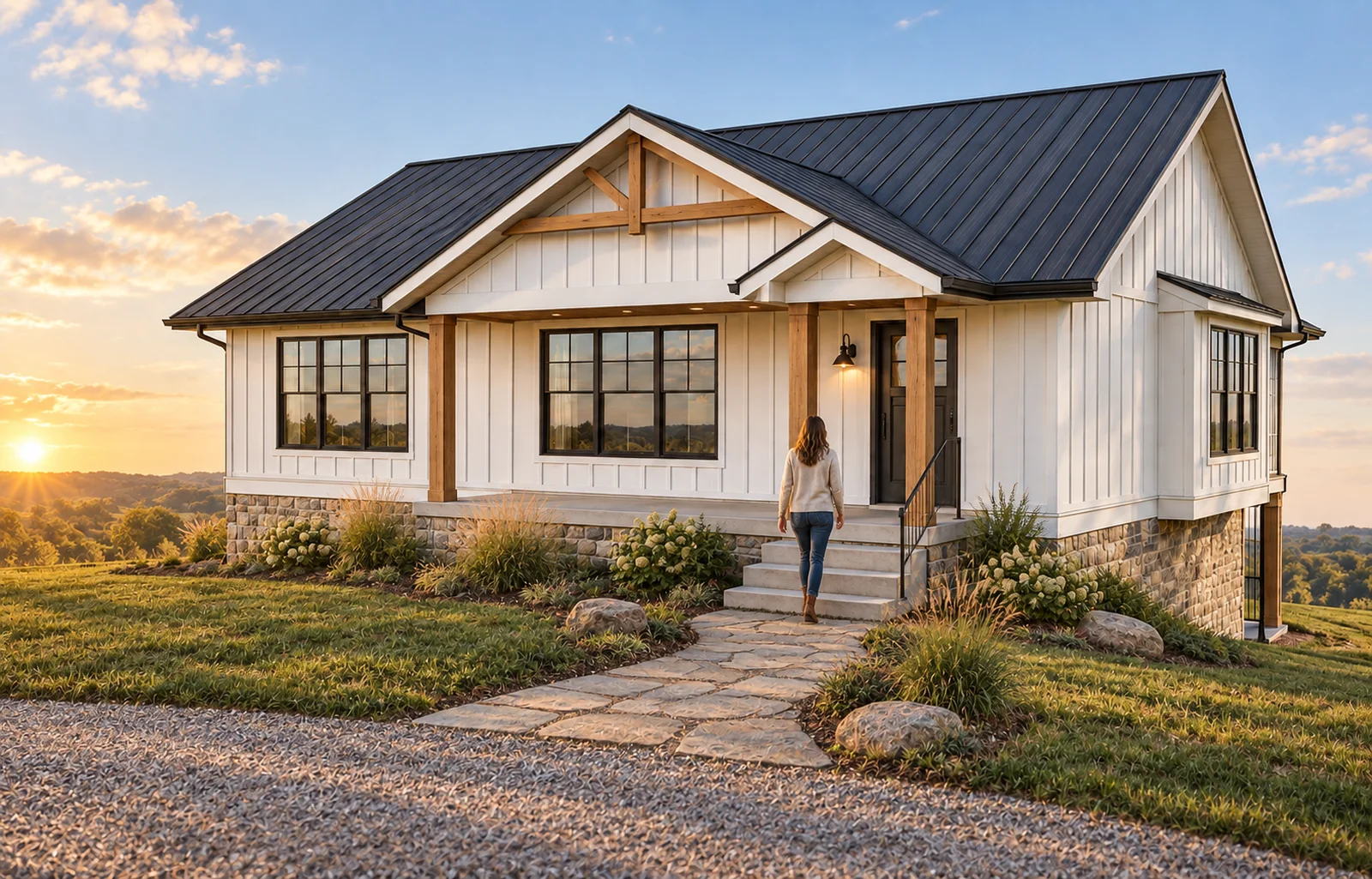 Concept rendering of a warm-white farmhouse with timber porch posts, stone accents, and a covered front deck.