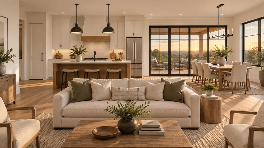 Concept interior looking from a warm neutral living room toward an oak-and-white kitchen and glazed covered-deck connection.