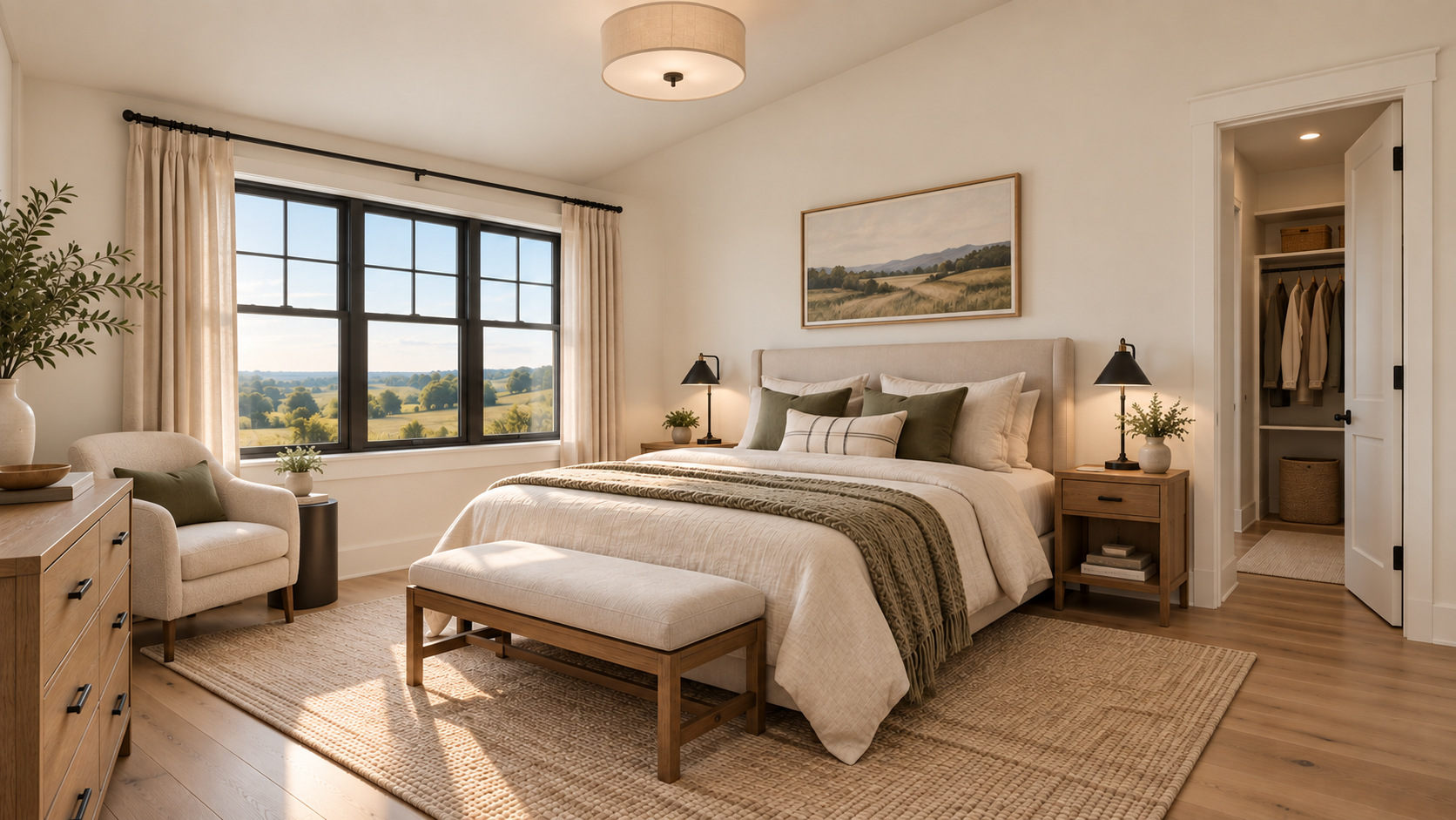 Concept primary-bedroom study with a single uninterrupted ceiling plane rising from left to right, without a visible peak.