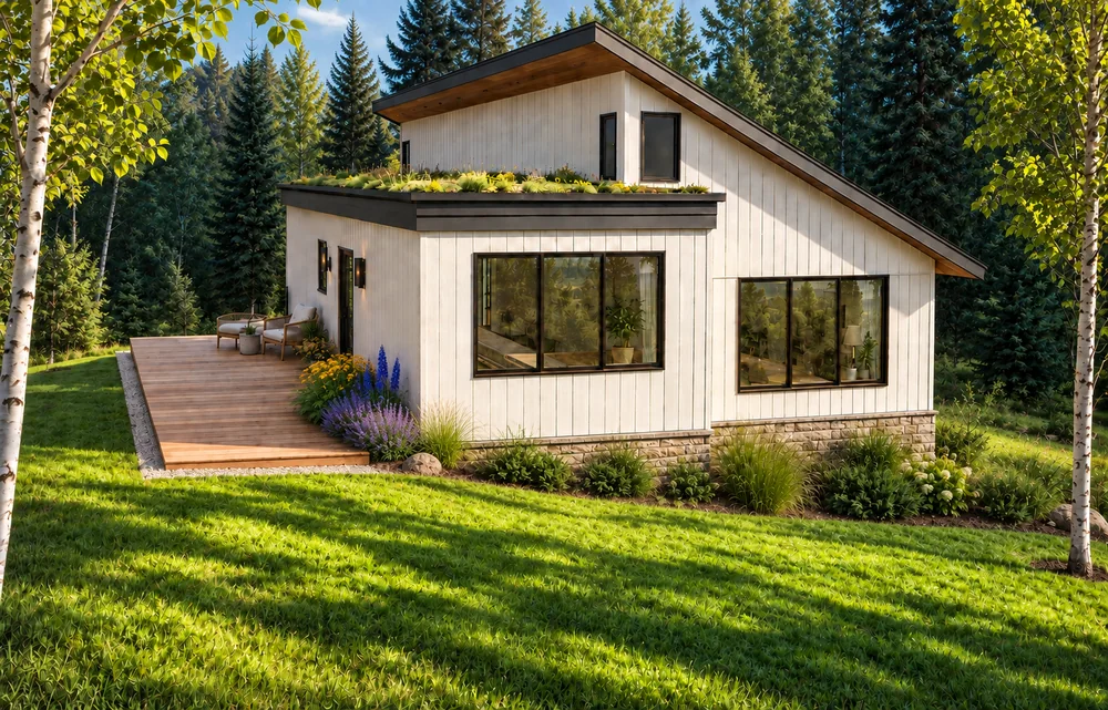 Front-left illustrative concept view of The Tansy showing a side-oriented arrival, warm-white cladding, charcoal roofline, pale masonry, and vivid landscape colour.