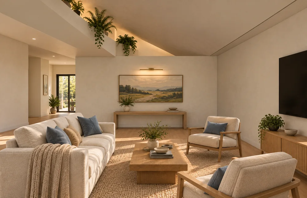 Illustrative living-room concept with a mono ceiling rising left and a deep planting ledge at the flat-ceiling transition.