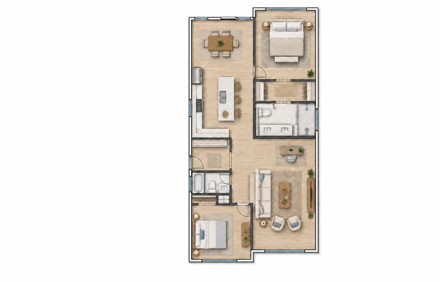 Furnished main-floor concept layout showing kitchen, dining, living, bedrooms, baths, side entry, and outdoor-living relationships.