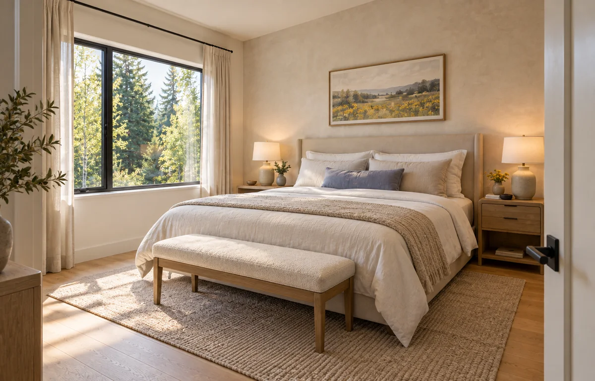 Illustrative primary-bedroom concept with warm modern materials and furnishings.