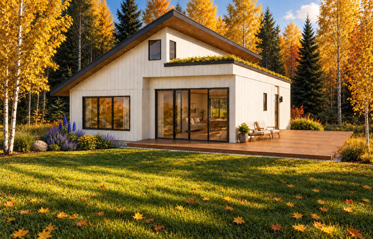Rear-left autumn concept view with warm foliage, gold and blue-violet colour accents, and outdoor living.