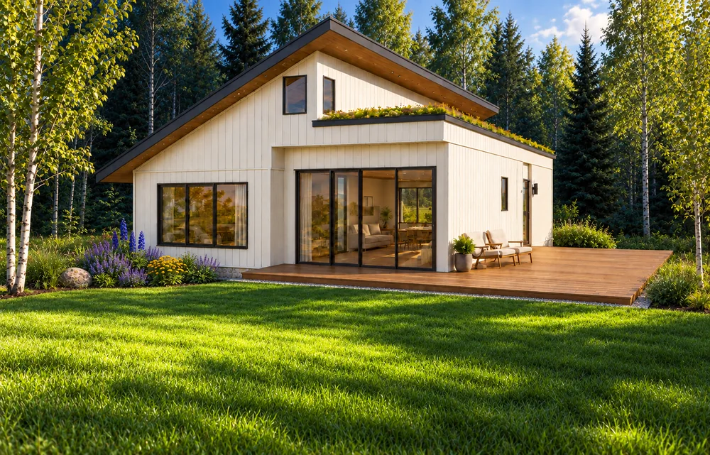 Rear-left illustrative concept view of The Tansy with warm-white cladding, cedar soffits, pale masonry, a broad deck, vivid grass, and layered trees.